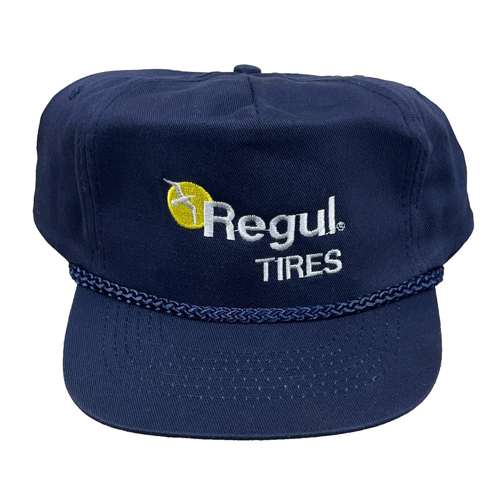 Vintage Regul Tires Trucker Hat Cap Navy Blue Snapback Rope 90s Advertising Adul